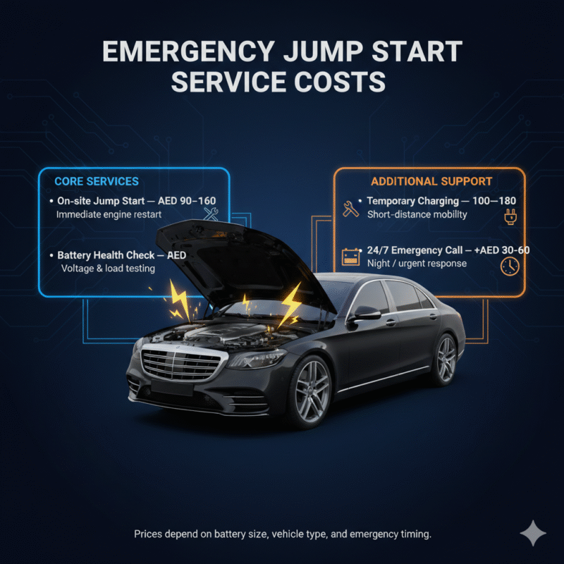 Professional infographic titled “Emergency Jump Start Service Costs” showing pricing details on both sides and a luxury branded car in the center connected with animated arrows and battery icons.
