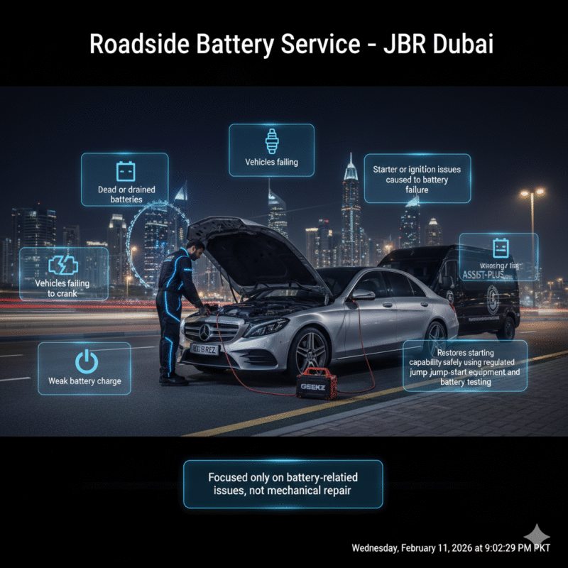 Infographic showing professional roadside battery service in JBR Dubai with central technician scene and side points highlighting key battery issues