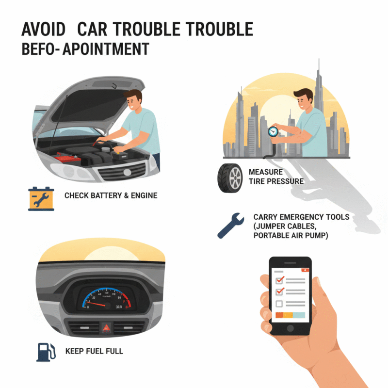 Infographic showing battery check, engine maintenance, tire inspection, fuel awareness, and emergency tools to prevent car stuck before appointment Dubai