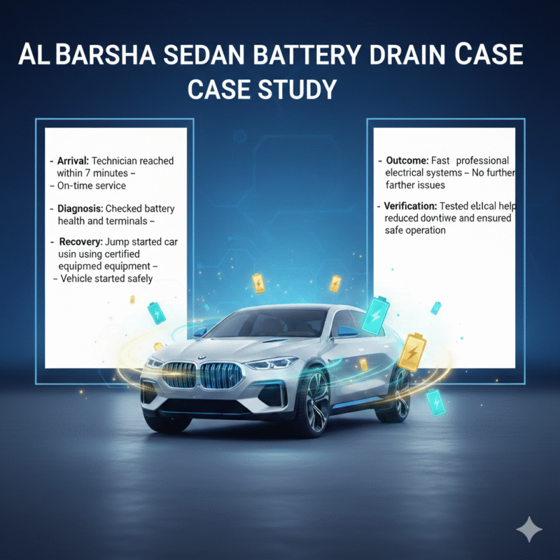 Feature image showing 'Al Barsha Sedan Battery Drain Case Study' title at the top, luxury sedan in the center with glowing battery symbols, and key case study steps displayed on the sides.
