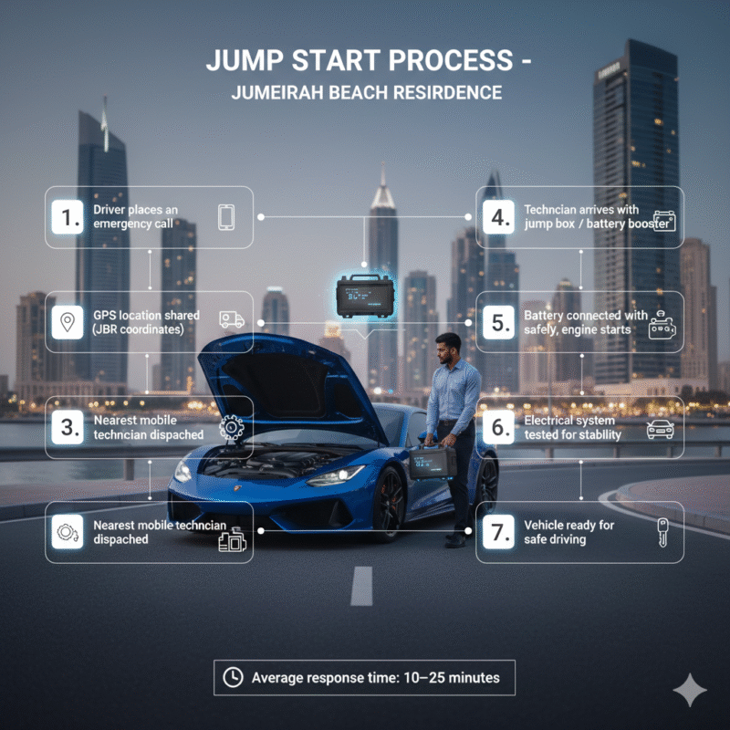 Step-by-step infographic showing jump start process for cars in Jumeirah Beach Residence with technician assisting luxury car