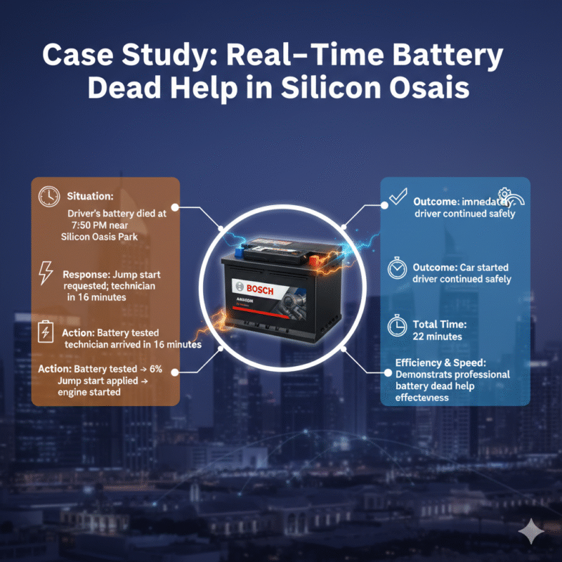 “Animated-style feature image showing a real-time case study of battery dead help in Dubai Silicon Oasis, with title on top, central premium car or battery image, and key case study details displayed on sides with icons.”