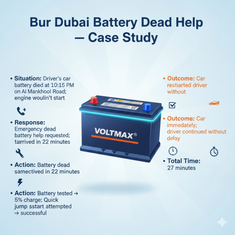 “Animated-style feature image showing a real-life Bur Dubai battery dead help case study, title on top, premium battery in center, key points displayed on sides with icons.”