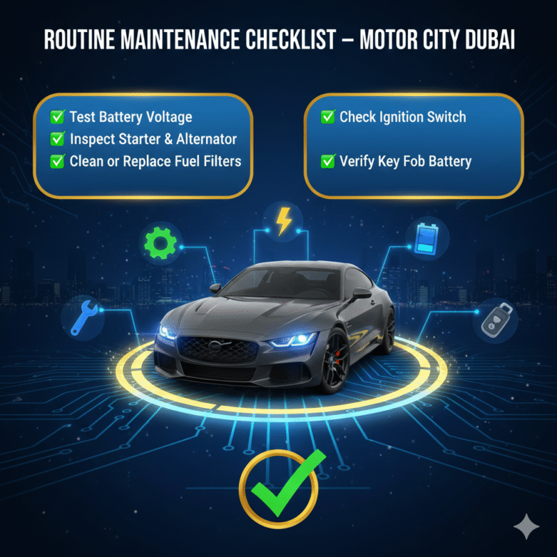 "Routine maintenance checklist for cars in Motor City Dubai showing bullet points on sides and a central animated car illustration with electrical and gear icons."