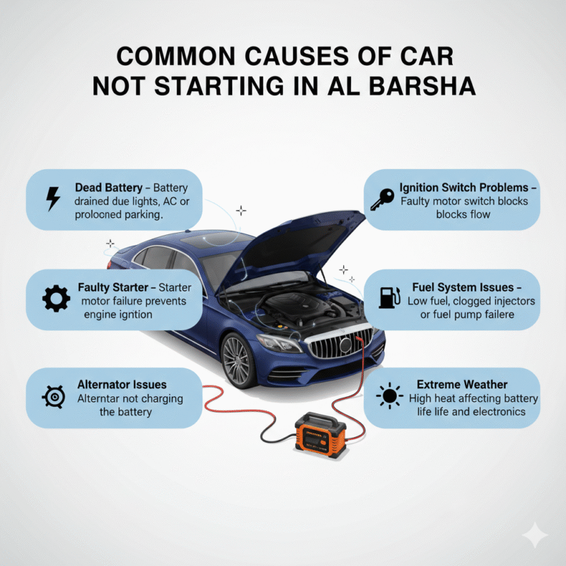 "User guide illustration showing a luxury car with hood open and jump starter connected, titled 'Common Causes of Car Not Starting in Al Barsha', with side panels listing dead battery, starter failure, alternator issues, ignition switch problems, fuel system issues, and heat effects in animated infographic style."