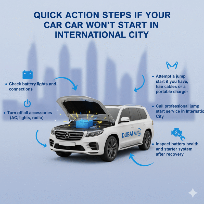 "Animated infographic-style illustration showing a branded car with hood open and quick action steps if your car won’t start in International City displayed on sides as bullet points."