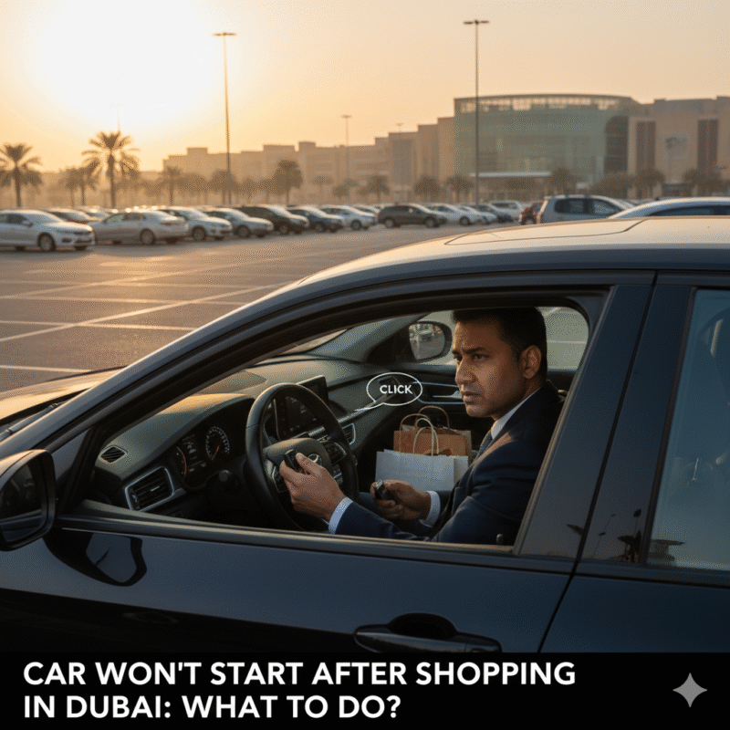 Car won’t start after shopping Dubai, driver with shopping bags trying ignition, dim dashboard lights, stranded in mall parking.