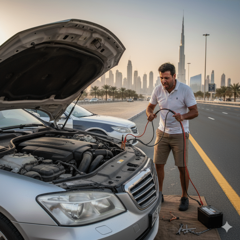 Dubai car with completely dead battery preventing jumpstart