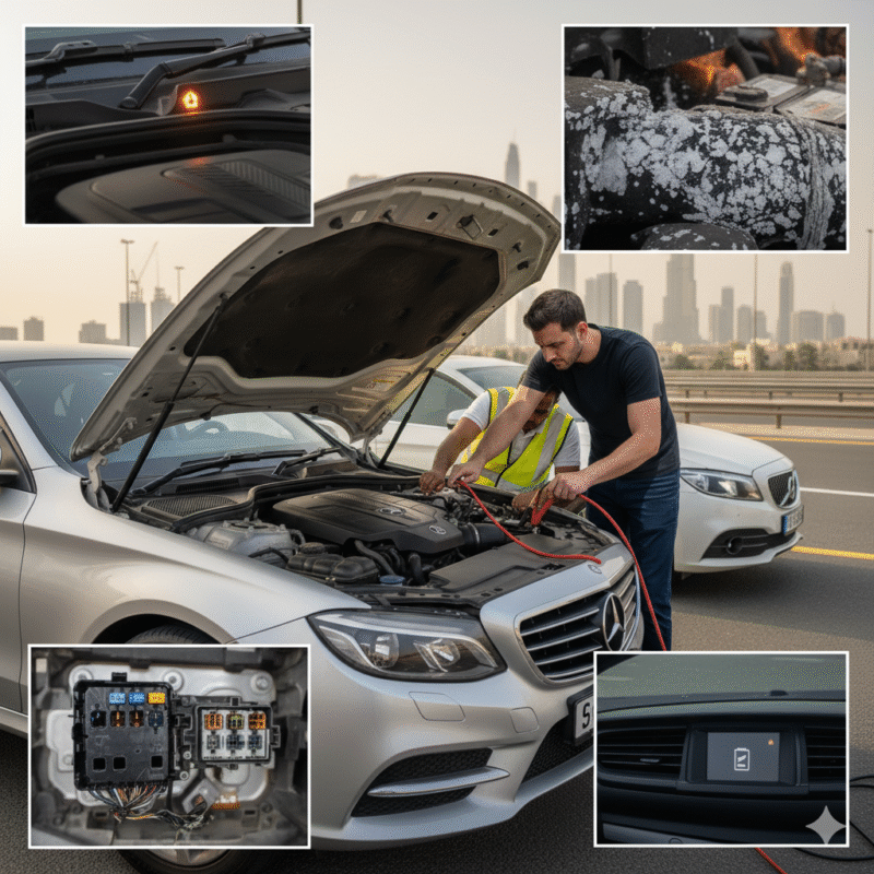 Dubai car jumpstart problems including dead battery, donor battery low, alternator faults, corrosion, and electrical wiring issues