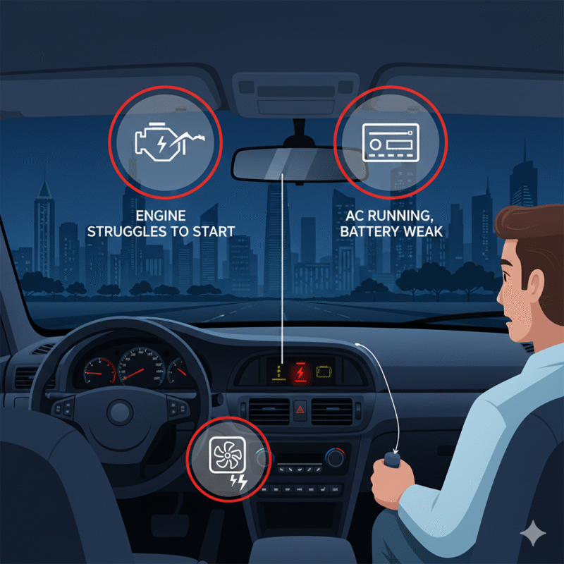 Infographic showing car engine slow to crank, dim lights, battery warning icon, and electronics shutting down due to AC-related battery drain in Dubai