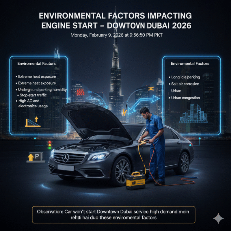 Infographic showing environmental factors in Downtown Dubai affecting vehicle engine start with certified car won’t start service