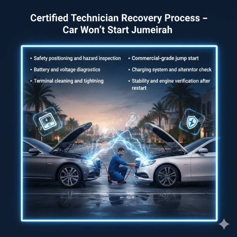 "Premium feature image showing certified technician recovery process for emergency car start, with title on top, side bullet points, and central luxury vehicle or technician scene with animated highlights."