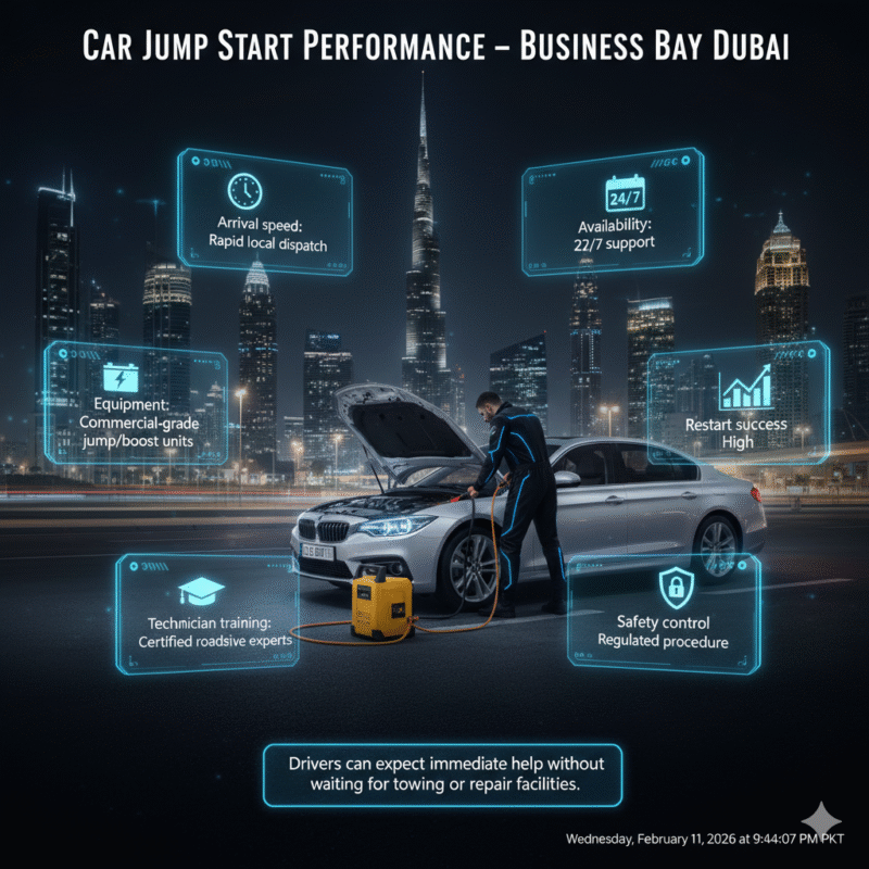 Infographic showing performance expectations of professional car jump-start service in Business Bay Dubai with central technician scene and animated side panels