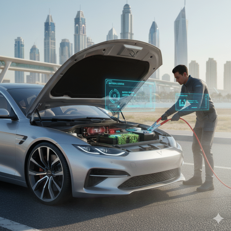 Dubai sedan with dead battery, low voltage due to heat, corroded terminals, professional jumpstart service with jumper cables, driver advised to use shaded parking