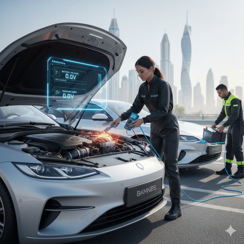 Dubai car with hood open, driver testing battery voltage, jumpstart attempt with donor vehicle, checking jumper cables, cleaning terminals, testing alternator, replacing battery if required