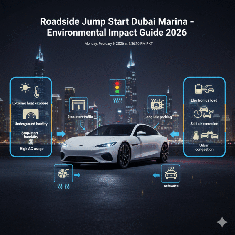 Infographic showing environmental factors in Dubai Marina affecting vehicle battery life and the importance of roadside jump start support