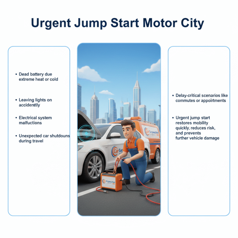 "Animated 3D illustration of a technician jump-starting a car in Motor City, with side spaces for key points and Car Jump Start UAE branding."