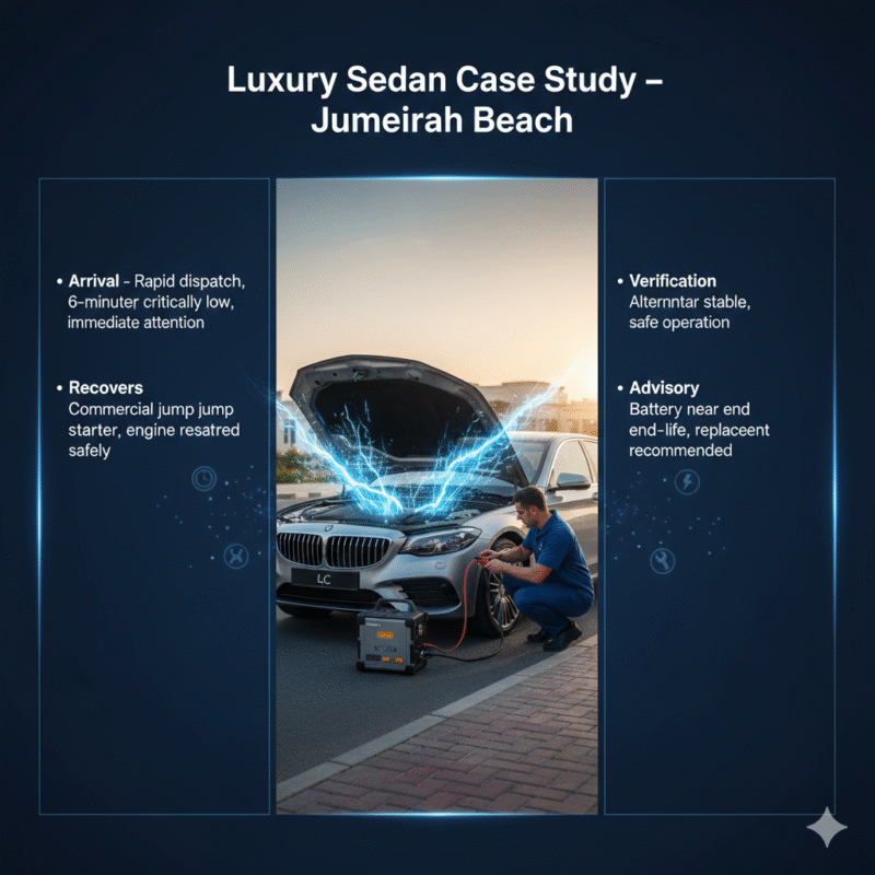 "Premium feature image showing a luxury sedan case study near Jumeirah Beach, with title on top, key stages and results on sides, and central luxury vehicle or technician scene with animated highlights."