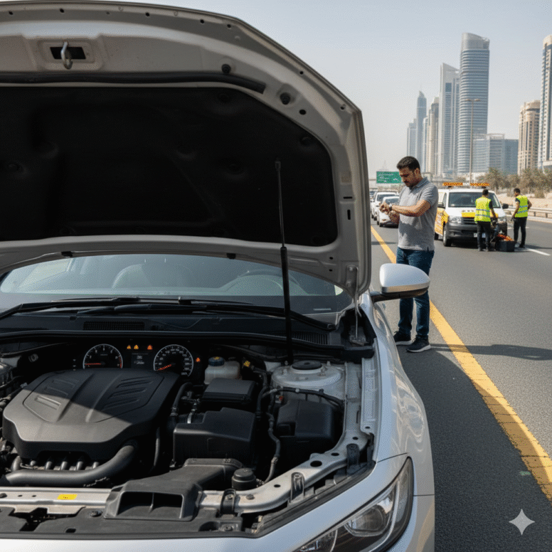 Dubai car waiting for jumpstart service, multiple cars in queue, traffic slowing response, dashboard showing battery and alternator issues