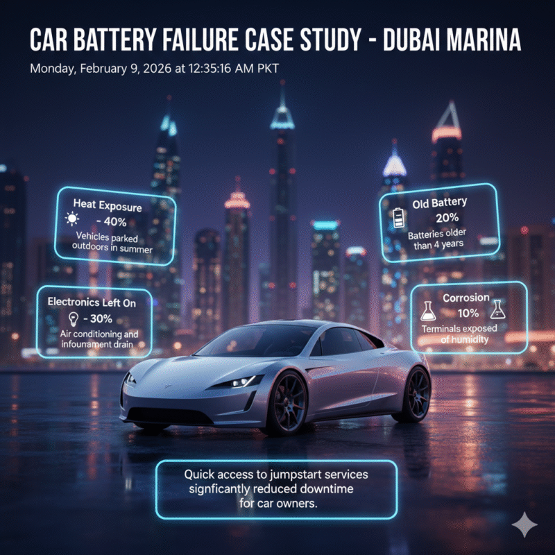 "Infographic showing car battery failure case study in Dubai Marina with luxury car at center, causes and frequency displayed on sides, and key observation highlighted."