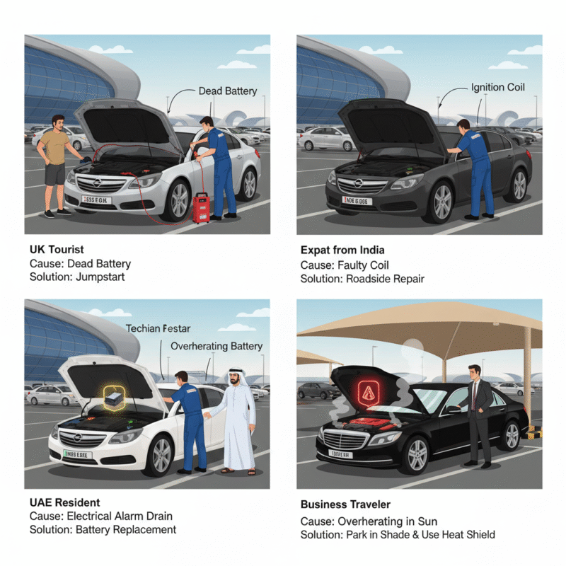 Infographic of stranded cars in Dubai airport parking with scenarios showing dead battery, ignition failure, electrical drain, and overheating, along with professional solutions.
