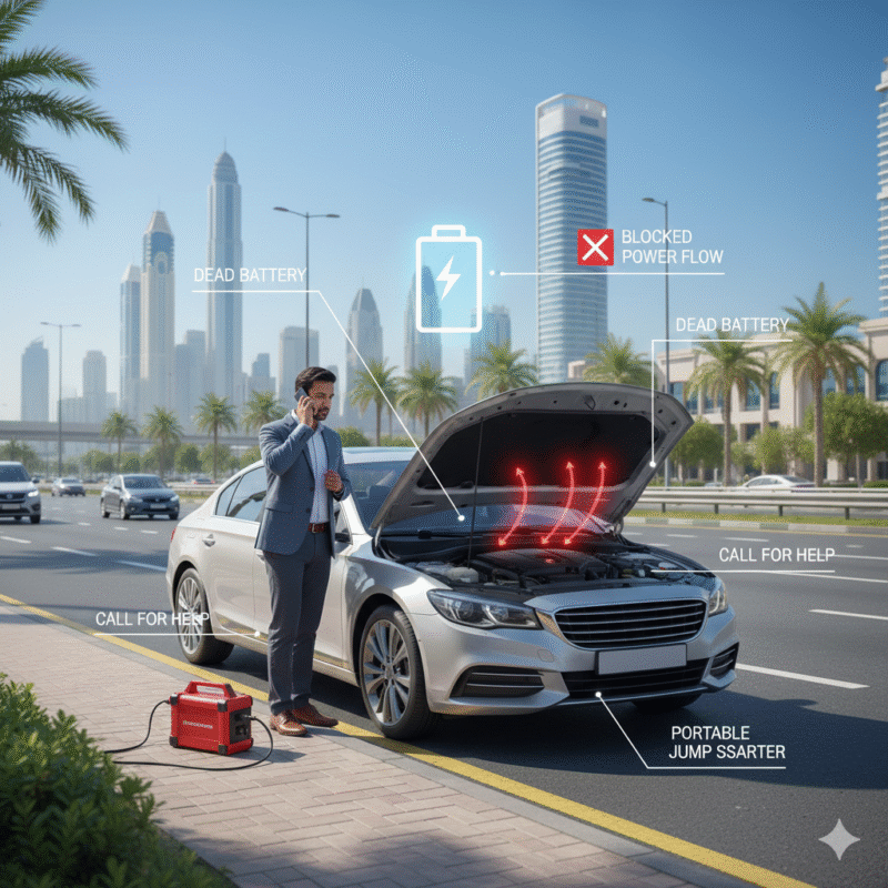 Illustration of a car with a dead battery during errands in Dubai, showing halted electrical flow and driver calling for help.