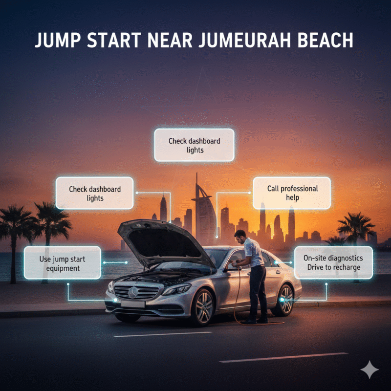 Luxury car stalled near Jumeirah Beach with roadside technician performing jump start, step-by-step infographic points