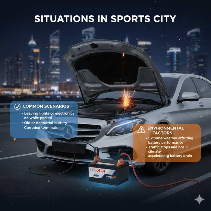 “User guide illustration showing the title at the top, key dead battery points on the sides, and a central animated car jump start scene with a brand logo in the center.”