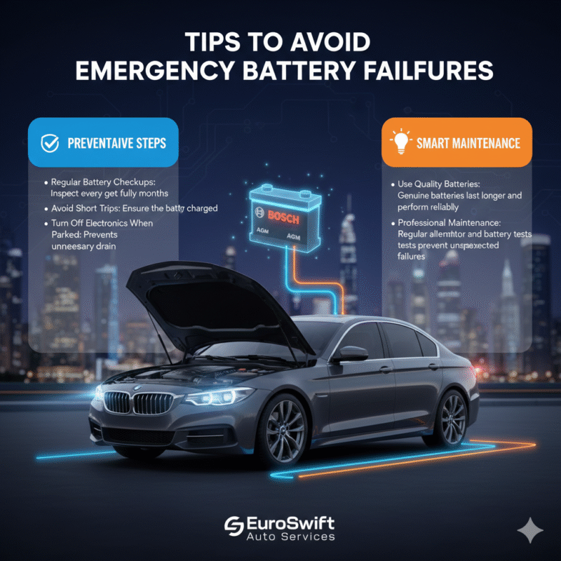 “User guide illustration showing the title at the top, key emergency battery prevention tips on the sides, and a central animated car and battery scene with a brand logo.”