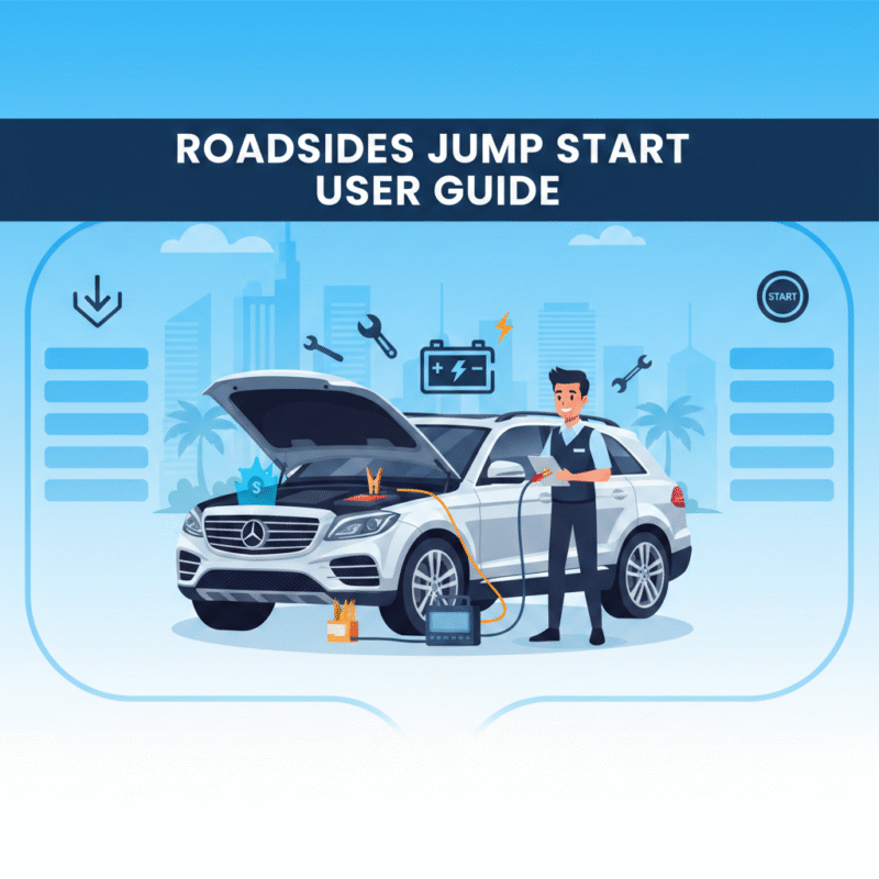 “Animated-style feature image showing a luxury car in Jumeirah being jump-started by a professional technician, with space on sides for user guide points and the title on top.”