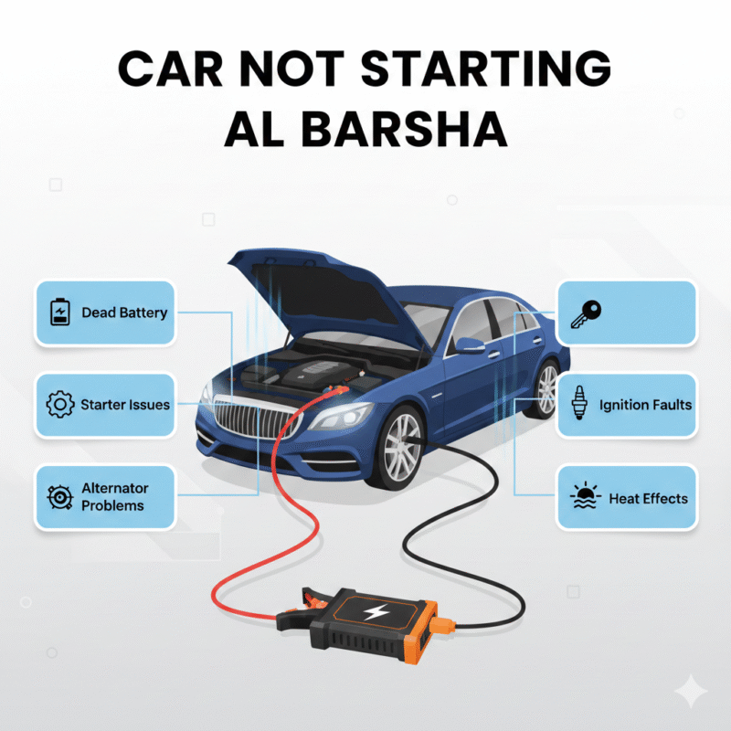 "User guide illustration showing a luxury car with hood open and jump starter connected, titled 'Car Not Starting Al Barsha', with side panels highlighting battery, starter, alternator, ignition, and heat issues in animated style."