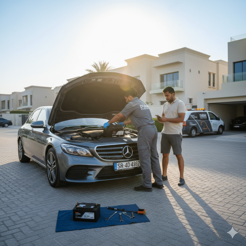 mobile battery replacement car stuck at home dead battery Dubai scene