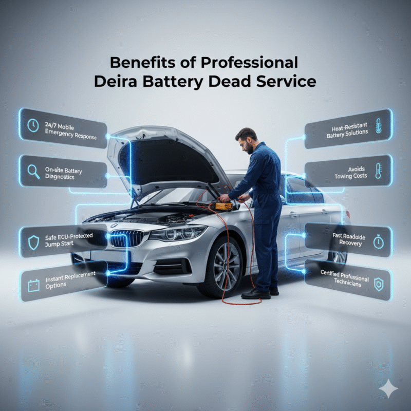 Visual infographic showing key benefits of professional Deira battery dead service, with benefits highlighted on sides and a central roadside technician performing battery service.
