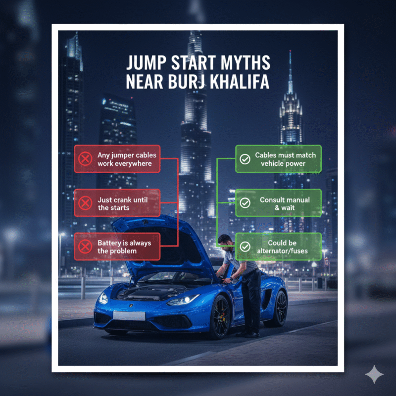 Jump start myths infographic near Burj Khalifa explaining common battery misconceptions
