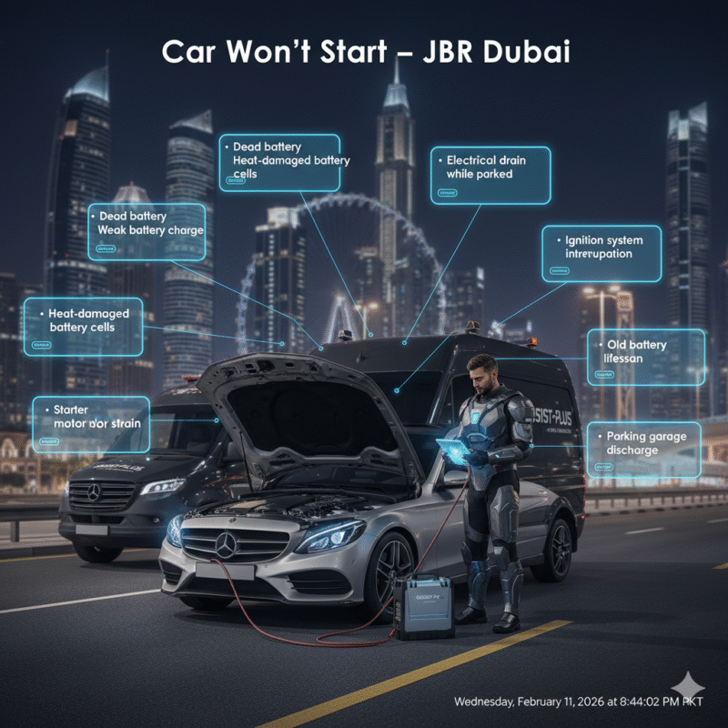Infographic showing main causes of car starting failure in JBR Dubai with a professional roadside technician assisting a vehicle