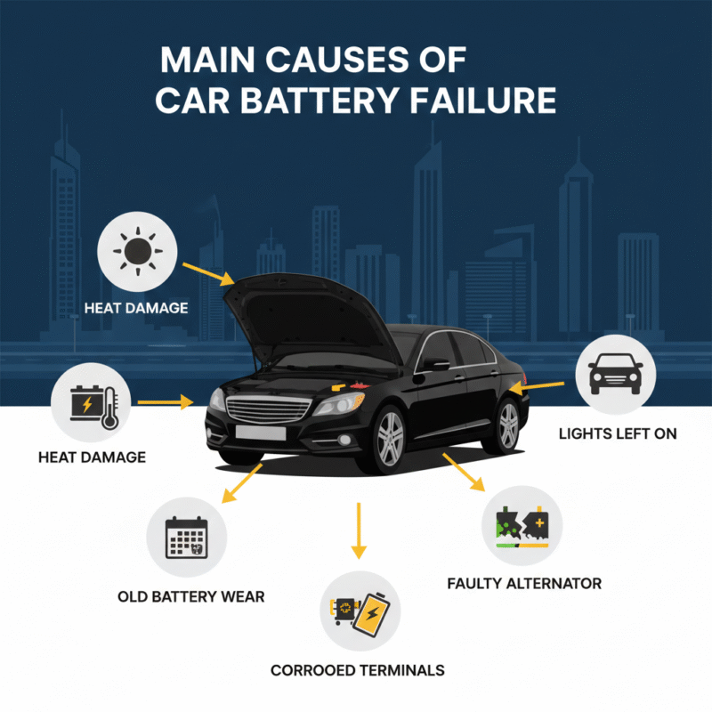 Infographic showing reasons for car battery failure at night in Dubai including heat, old battery, and electrical drain
