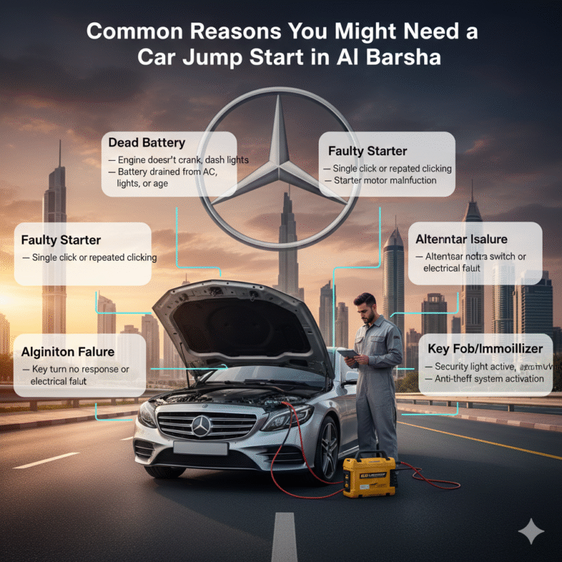Luxury car stalled on Al Barsha street with roadside technician, infographic showing common reasons for car jump start including dead battery, faulty starter, alternator failure, ignition issues, and key fob/immobilizer
