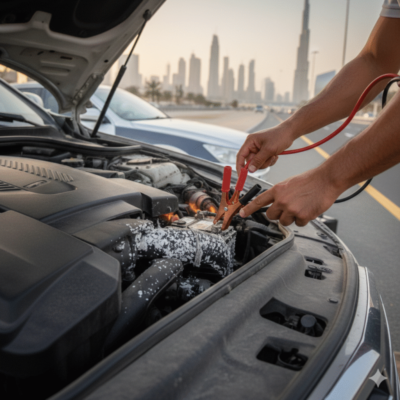 Dubai car battery with corroded terminals blocking jumpstart