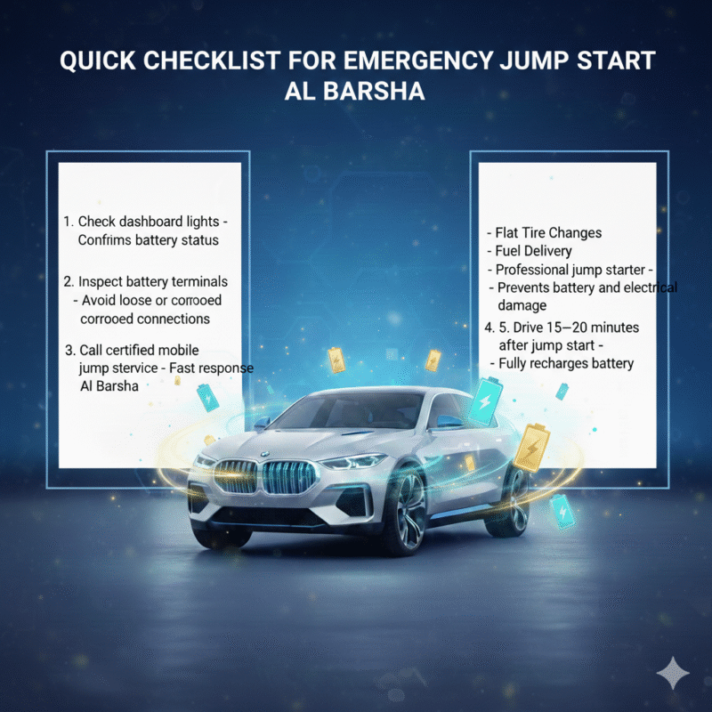 Feature image showing 'Quick Checklist for Emergency Jump Start Al Barsha' title at the top, luxury car in the center with glowing battery symbols, and checklist steps displayed on the left and right sides.
