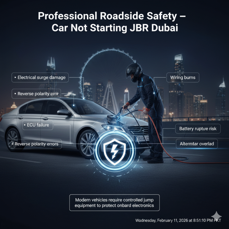 Professional roadside safety infographic showing jump-start technician protecting vehicle electronics in JBR Dubai