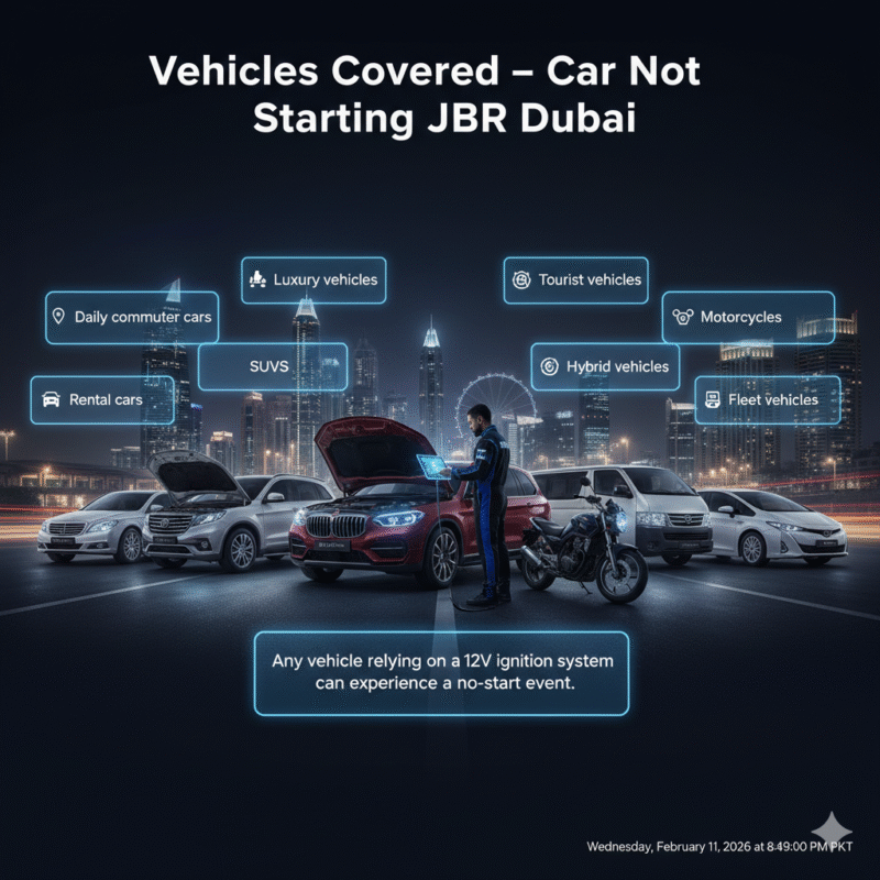 Infographic showing vehicle types supported by car not starting help service in JBR Dubai with roadside technician assisting multiple vehicles