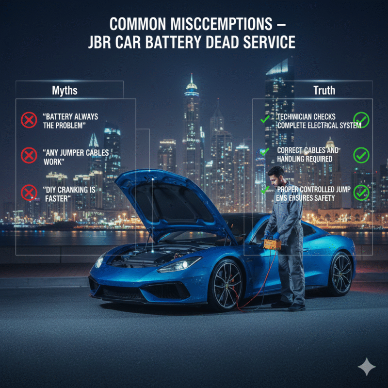Infographic showing common myths vs truths about JBR car battery dead service with luxury car and technician