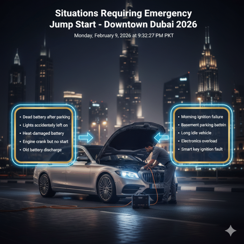 Infographic showing common scenarios in Downtown Dubai requiring professional emergency battery jump start with certified technician and luxury car