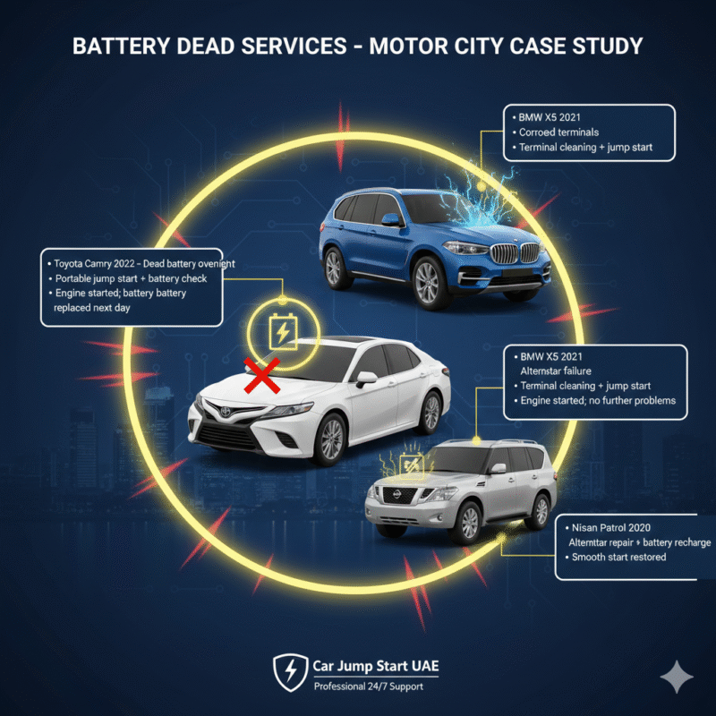 "Case study illustration showing battery dead services in Motor City with key points on sides and a central animated car illustration."
