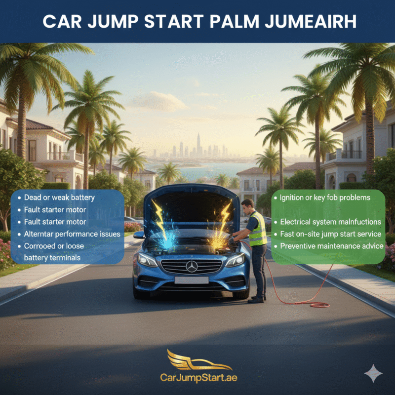 "Car jump start service in Palm Jumeirah showing a technician jump-starting a car with battery, starter, alternator, ignition, and electrical issues highlighted on sides, plus brand logo."