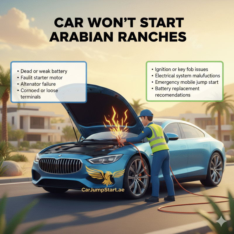 "Car Won’t Start Arabian Ranches guide showing a technician jump-starting a car with key causes and solutions displayed on the sides and a professional brand logo."