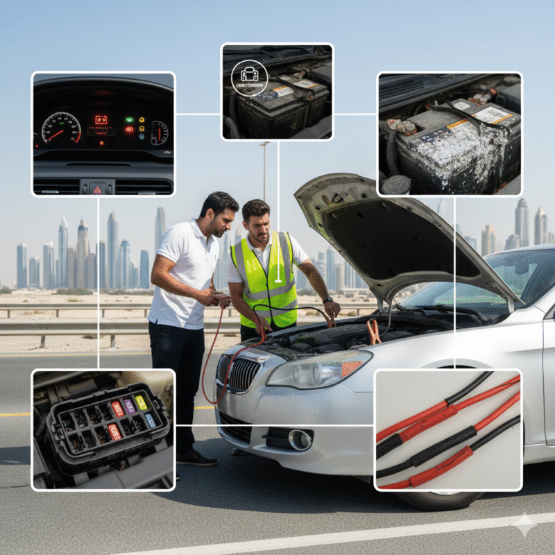 Dubai car with dead battery, weak donor car, thin jumper cables, corroded terminals, alternator issue, and electrical faults causing jumpstart failure