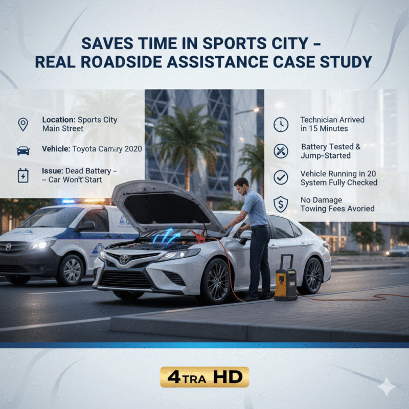 "Roadside assistance case study infographic in Sports City showing Toyota Camry jump-start service with key points about fast response and time-saving outcome."