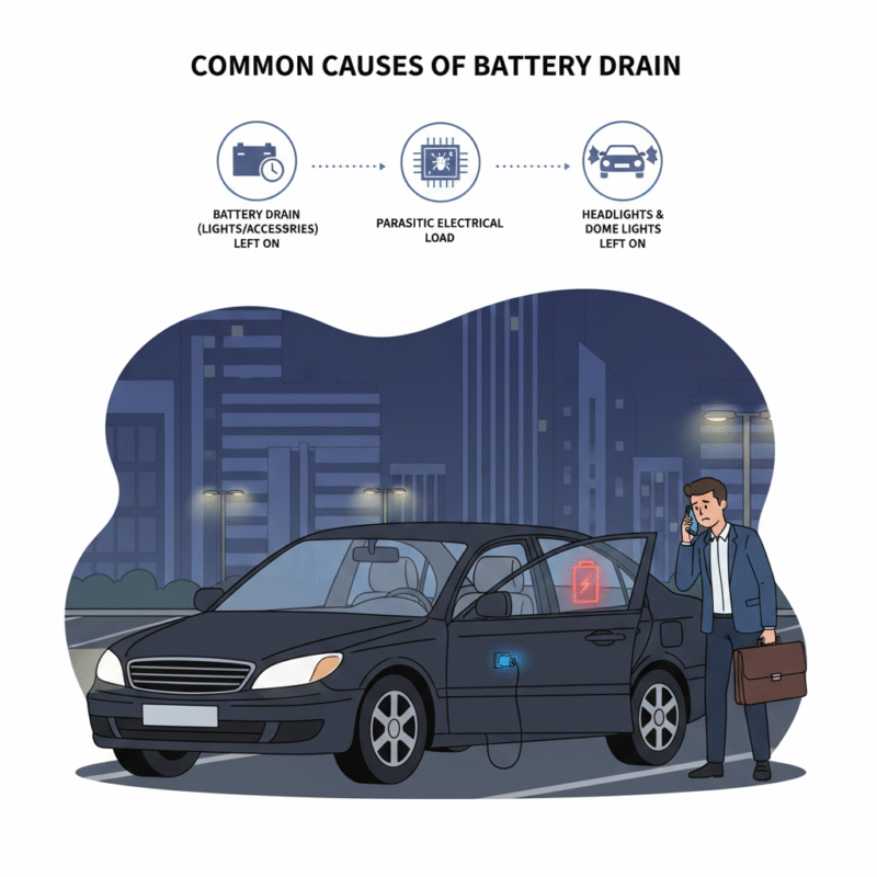 Parked Dubai car with headlights, dome lights, and USB chargers on, dashboard low battery warning, illustrating battery drain after work.
