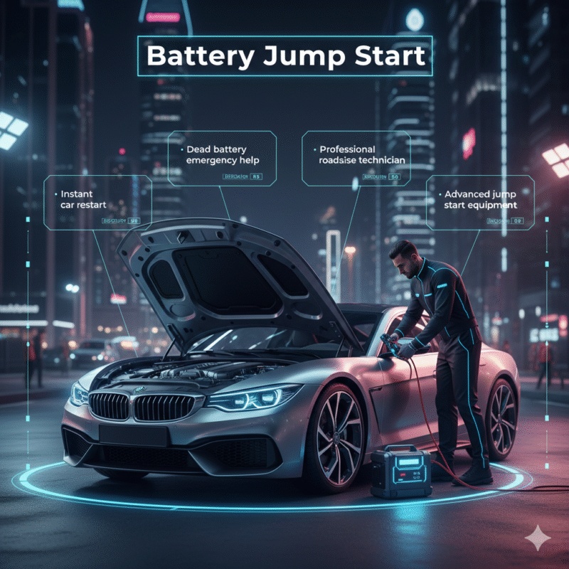 Battery jump start service showing technician restarting a car with professional equipment